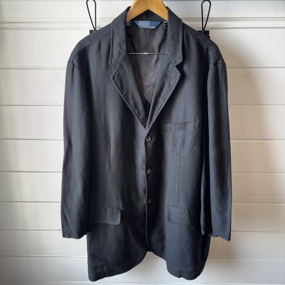 VTG Polo by Ralph Lauren 3 Button 100% Linen Black Sport Coat Blazer Jacket XXL